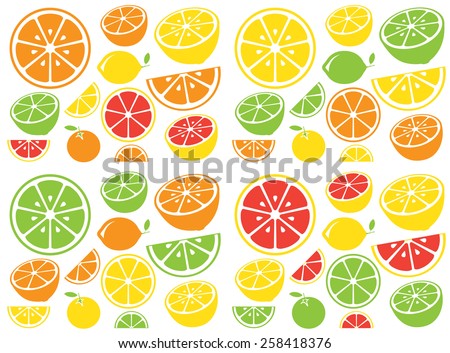 Collection of citrus slices - orange, lemon, lime and grapefruit, icons set, colorful isolated on white background, vector illustration. Royalty-Free Stock Photo #258418376