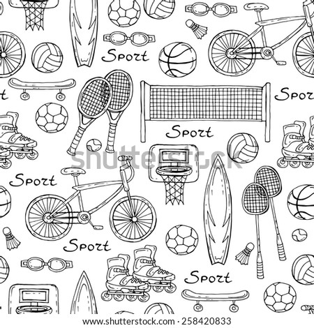 Vector seamless pattern with hand drawn sport equipment on white background. Background for use in design, web site, packing, textile, fabric