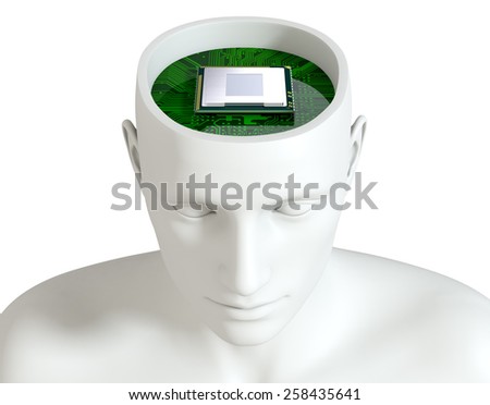 one head of a manikin with an electronic circuit board and a cpu inside it (3d render)