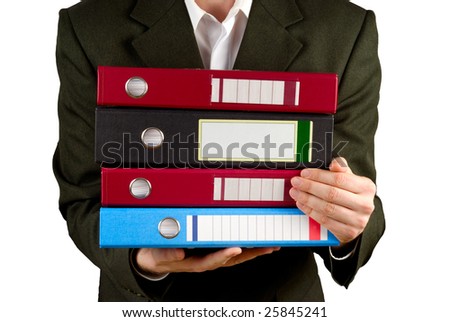 Male figure with stack of files isolated with clipping path over white