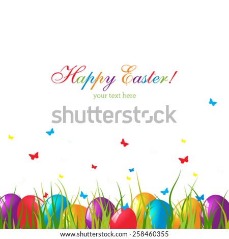 Vector Easter card with eggs on green grass.  