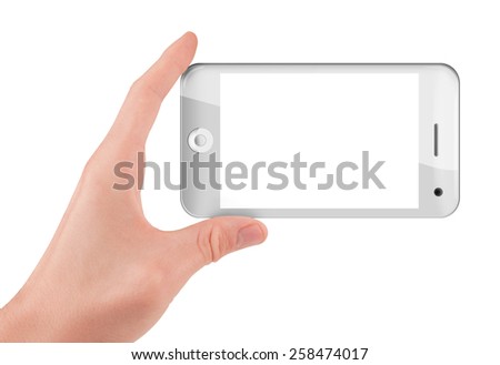 Hand holding (filming or shooting) a smart phone (mobile phone) with blank screen isolated on white