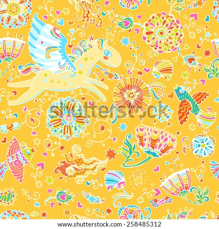 Colorful romantic seamless pattern with fairy horse, love beards, butterflies and flowers.  Can be used for cards, invitations, fabrics, wallpapers, ornamental template for design and decoration.