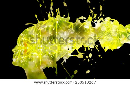 Double exposure illustration. Woman silhouette with green grass.