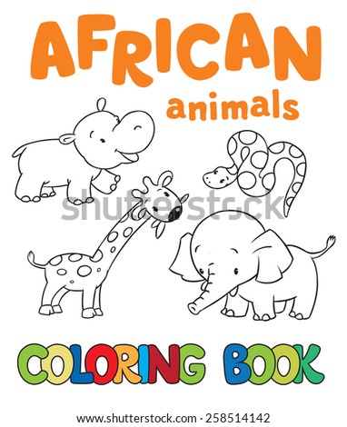 Coloring book or coloring picture with african animals, giraffe, hippo, snake, elephant