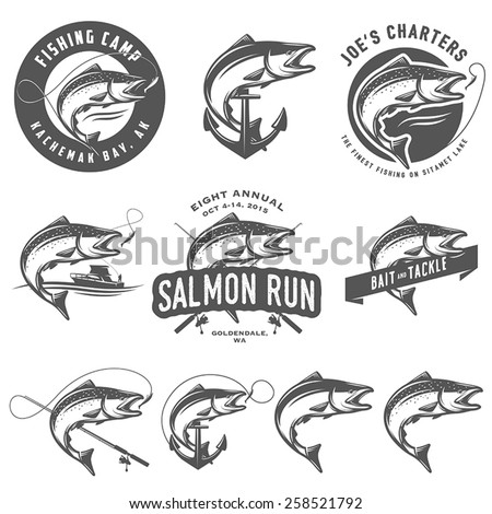 Vintage salmon fishing emblems and design elements