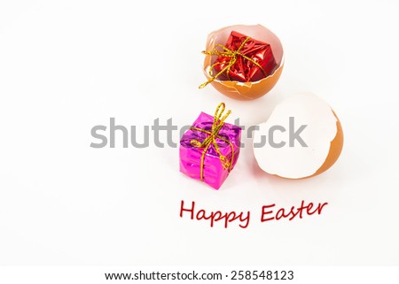 decoration with eggshell and gift box isolated on white. Happy Easter concept.