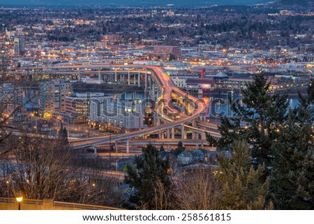 Portland Oregon Marquam Freeway Light Trails with Eastside City Lights during Evening Blue Hour