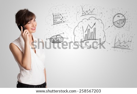 Business girl presenting hand drawn sketch graphs and charts concept