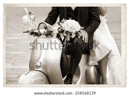 Black and white photos, Vintage photo with Young newlywed just married, posing on an old gray scooter 