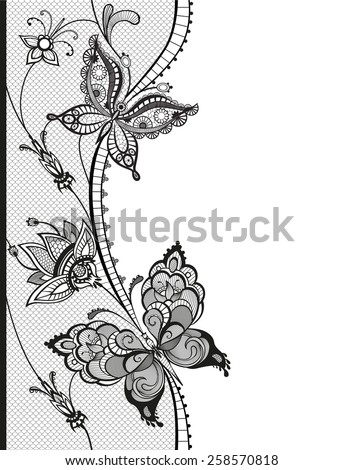 Abstract silhouettes of decorative butterflies. These butterflies and flowers are reminiscent of lace, they are created to decorate