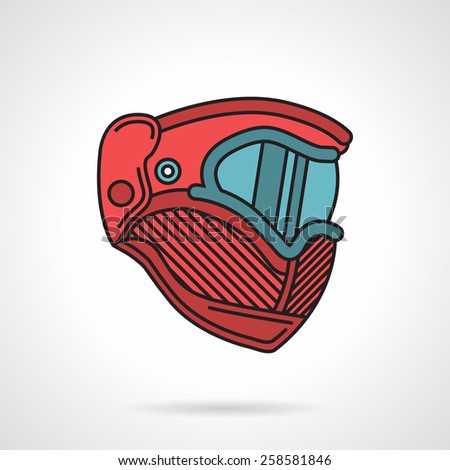 Flat color vector icon with black contour for red paintball protective mask a side view on white background. 