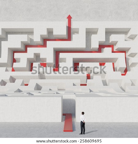 businessman looking at maze bend with red arrow to exit
