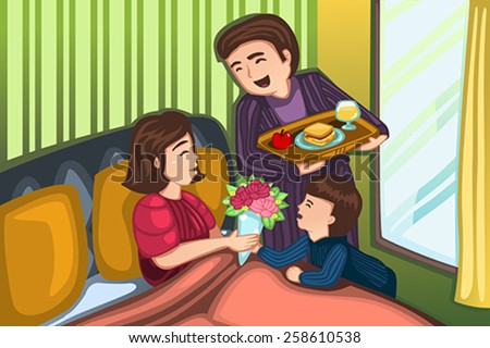 A vector illustration of father and son serving breakfast in bed for Mother for mothers day concept