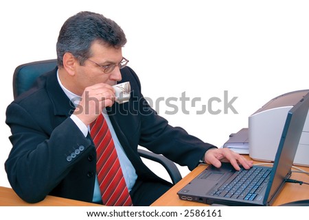 businessman doing his work during a coffee-break. white background
