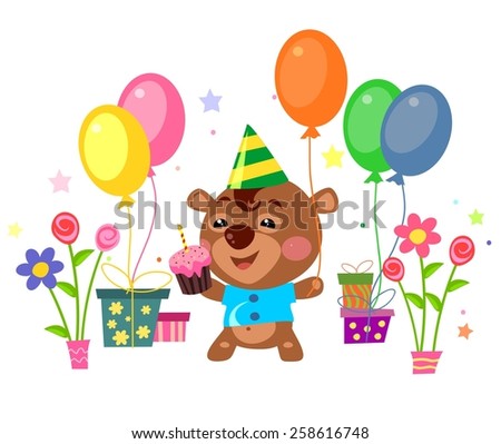 Happy birthday card with Birthday cake and gifts