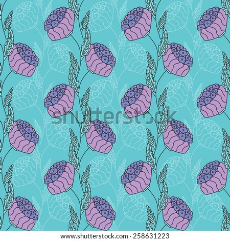 Growing up flowers with leaves on blue background, seamless vector pattern