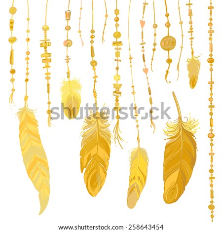 Set of ethnic feathers. Ethnic seamless pattern in native style. Bright colored feathers and beads on white background. Vector decorative elements hippie