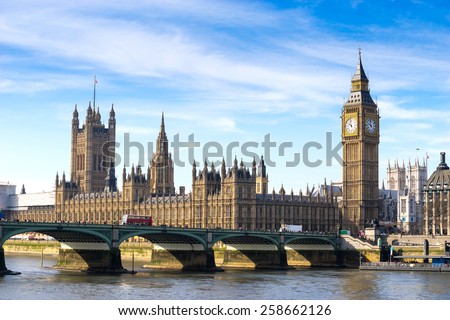 Big Ben and Westminster abbey, London, England Royalty-Free Stock Photo #258662126