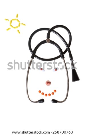 Humorous caricatures of doctor made of a medical stethoscope, tablets and sunshine - joke on a white background