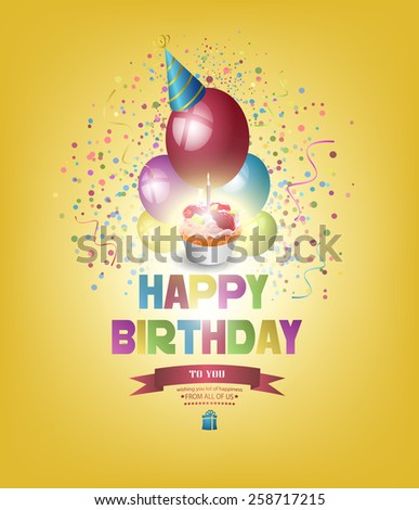 Happy Birthday Background With Balls, Gift And Title Inscription