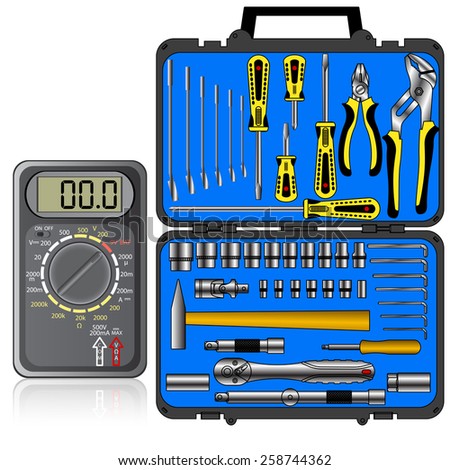 Multimeter of black color and set of different tools  in a box vector
