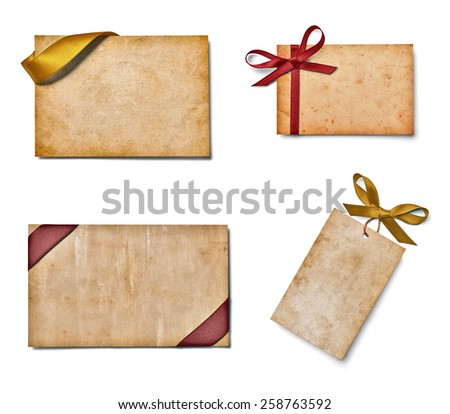 collection of various note cards with ribbon bow on white background. each one is shot separately