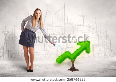 Business woman watering green plant arrow concept on background