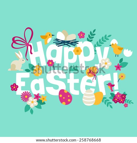 Happy Easter greeting card design with modern flat icons