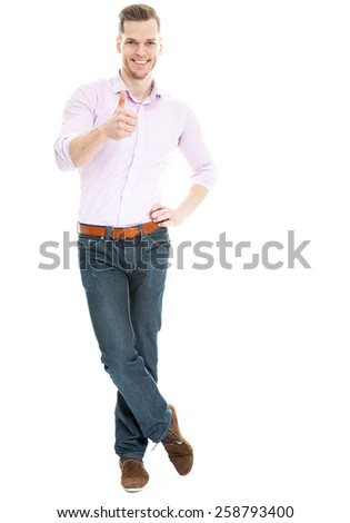 young man showing thumb up isolated on white background