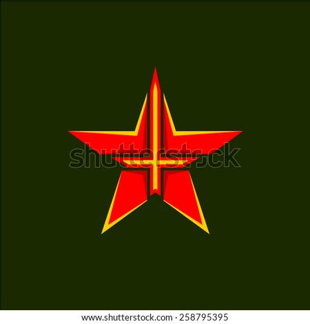 Military star symbol. Red star shape emblem with cross or sword inside.