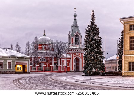 Rare Neoclassical round temple with Byzantine influences, designed by the Italian-French architect Louis Visconti. The church was built in 1837. Hamina, Finland. Royalty-Free Stock Photo #258813485