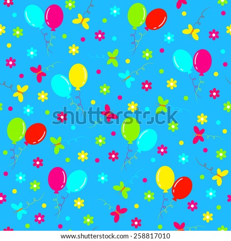 birthday seamless,pattern.colorful balls,butterfly and flower on a blue background,vector