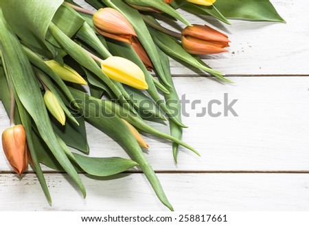 Yellow and orange heap of tulips arranged on white wooden planks background