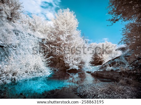 Mountain river bank with trees, Infrared (IR) landscape