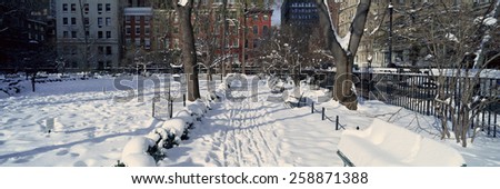 Panoramic view of historic homes and Gramercy Park, Manhattan, New York City, New York after winter snowstorm