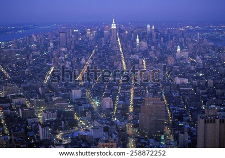Time exposure shot of Manhattan at night from above, New York City, NY