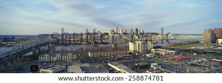 Panoramic afternoon shot of Cincinnati skyline, Ohio and Ohio River as seen from Covington, KY