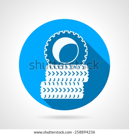 Circle blue flat vector icon with white silhouette tires for sport barricade on gray background. Long shadow design 
