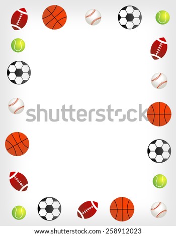 Five different sport balls border / frame on white background.