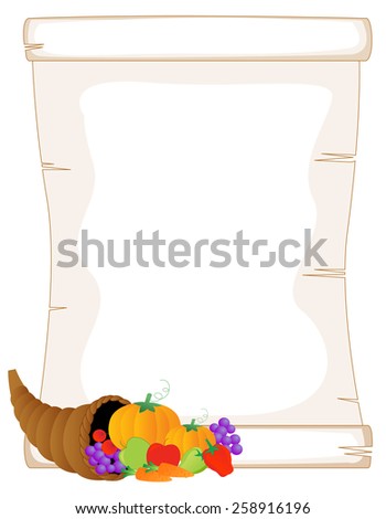 Thanksgiving background with fresh fruits and vegetables and old looking scroll paper isolated on white 