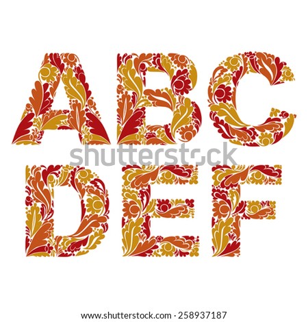 Vector letters decorated with seasonal autumn leaves, A, B, C, D, E, F. Vintage ornamental typescript.