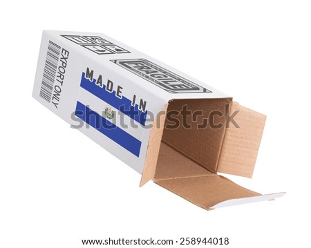 Concept of export, opened paper box - Product of El Salvador