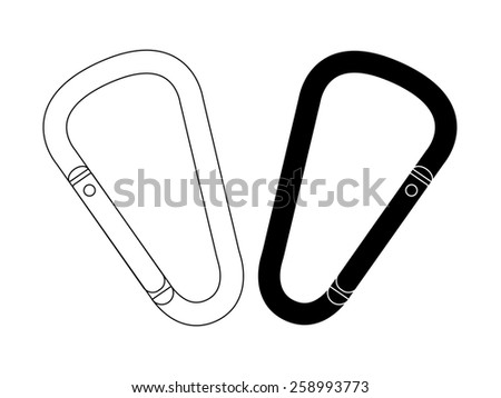 Set of safety hiking metal mountain climbing carabiners. Black and contour. Clip art raster illustration isolated on white