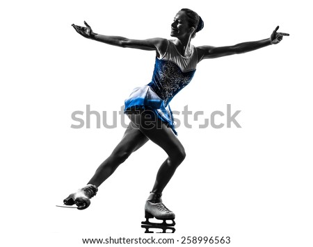 one  woman ice skater skating in silhouette on white background