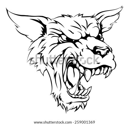 Mean looking werewolf or wolf character roaring and snarling in black and white