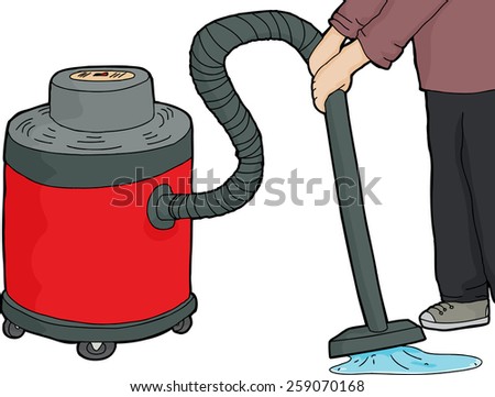 Janitorial worker using red wet-dry vacuum on water