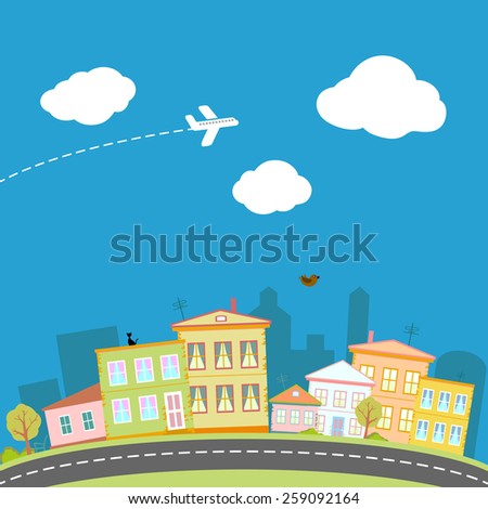Cartoon city with houses and streets. Vector image.