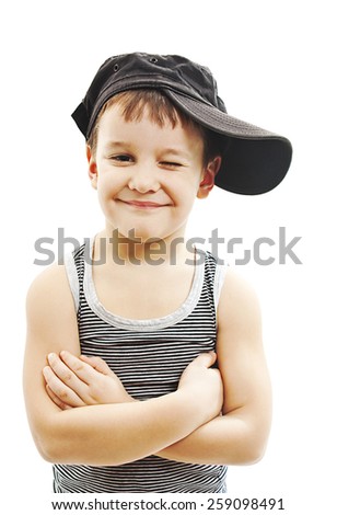 Fashionable little boy.Hip-Hop Style. fashion children.handsome blond kid. Pose Boy in Tracker Hat. Young Rapper. Funny Child in Cap. 5 years old 
