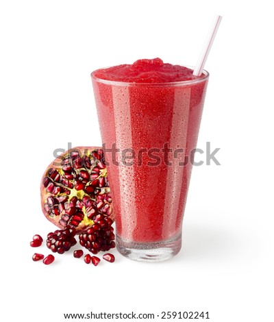 Pomegranate Smoothie or Shake with Straw and Garnish on a White Background